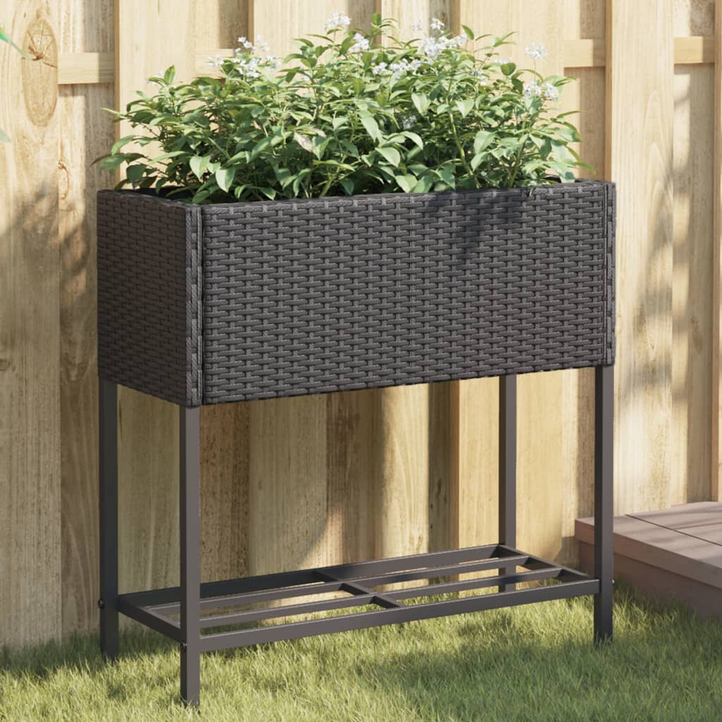 vidaXL Donice ogrodowe z półką, 2 szt, czarne, 70x28x70 cm, polirattan