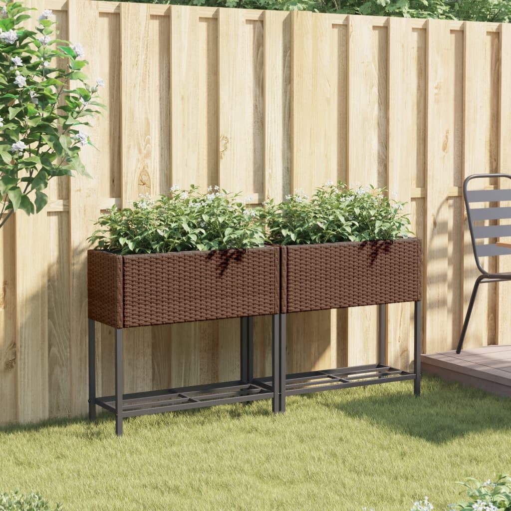 vidaXL Donice ogrodowe z półką, 2 szt., brąz, 70x28x70 cm, polirattan