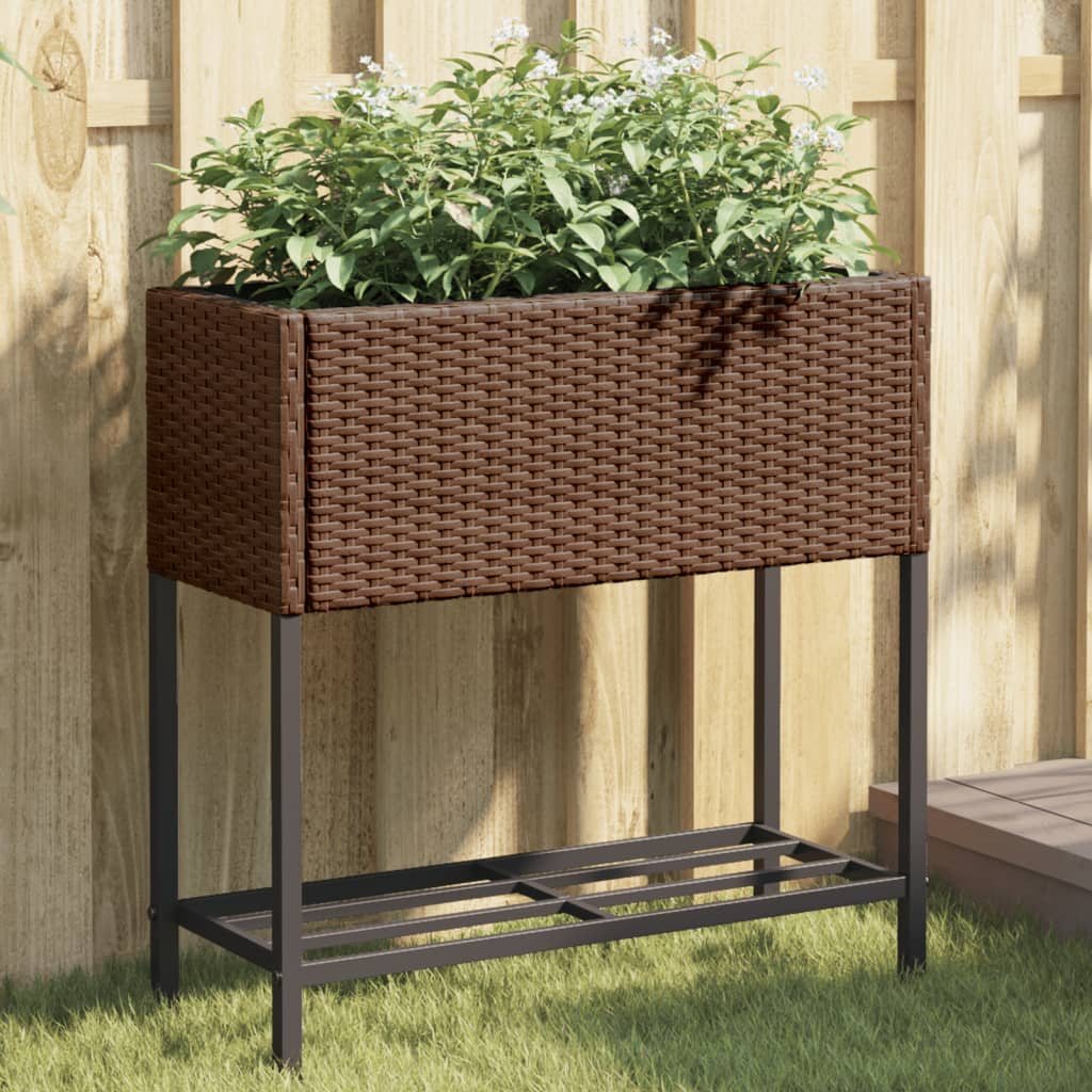vidaXL Donice ogrodowe z półką, 2 szt., brąz, 70x28x70 cm, polirattan
