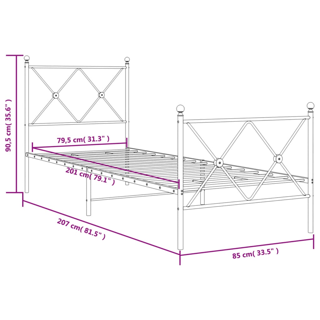 vidaXL Metalowa rama łóżka z wezgłowiem i zanóżkiem, czarna, 80x200 cm