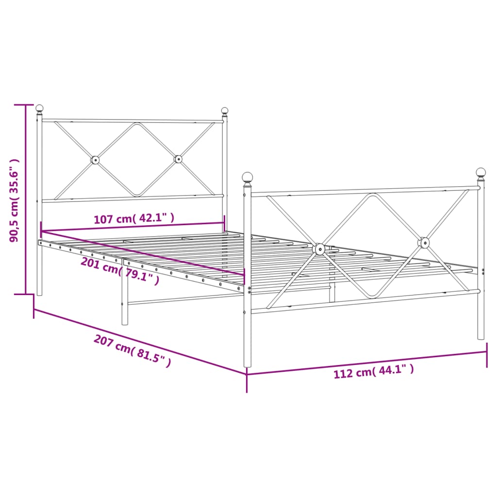 vidaXL Metalowa rama łóżka z wezgłowiem i zanóżkiem, czarna, 107x203cm