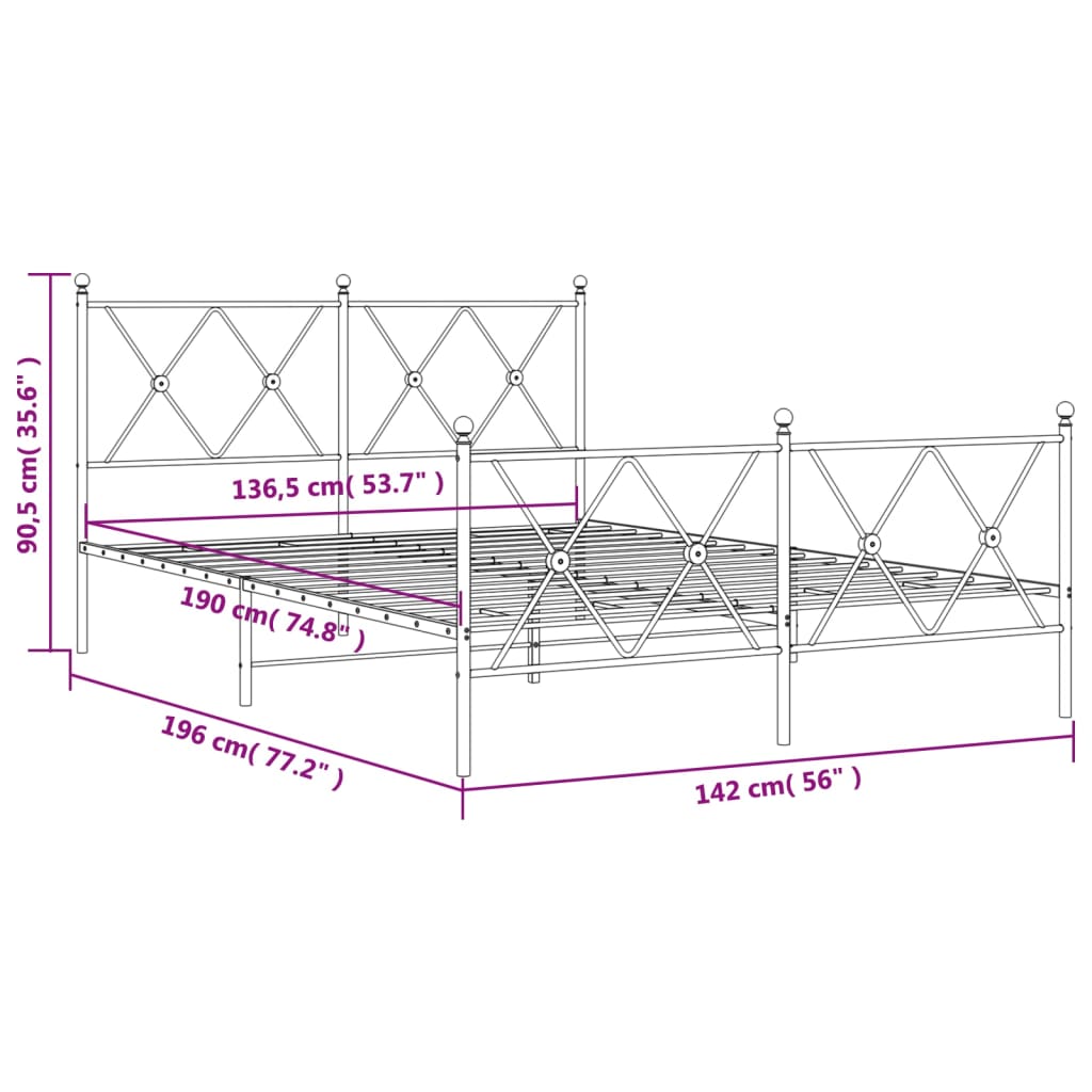 vidaXL Metalowa rama łóżka z wezgłowiem i zanóżkiem, czarna, 137x190cm