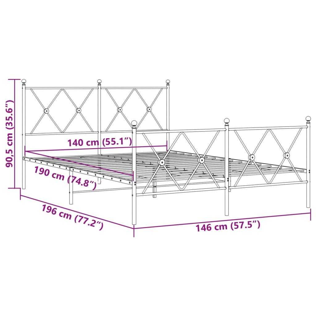vidaXL Metalowa rama łóżka z wezgłowiem i zanóżkiem, czarna, 140x190cm