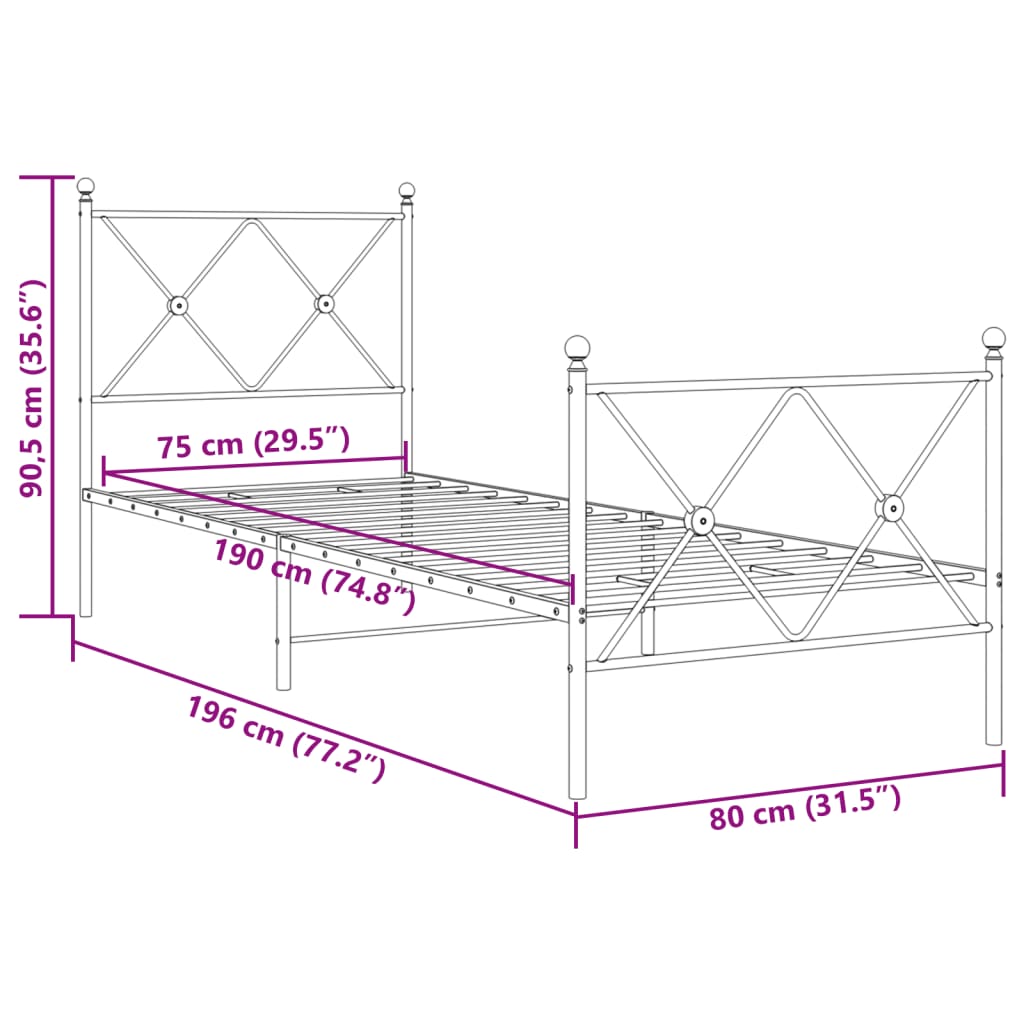 vidaXL Metalowa rama łóżka z wezgłowiem i zanóżkiem, biała, 75x190 cm