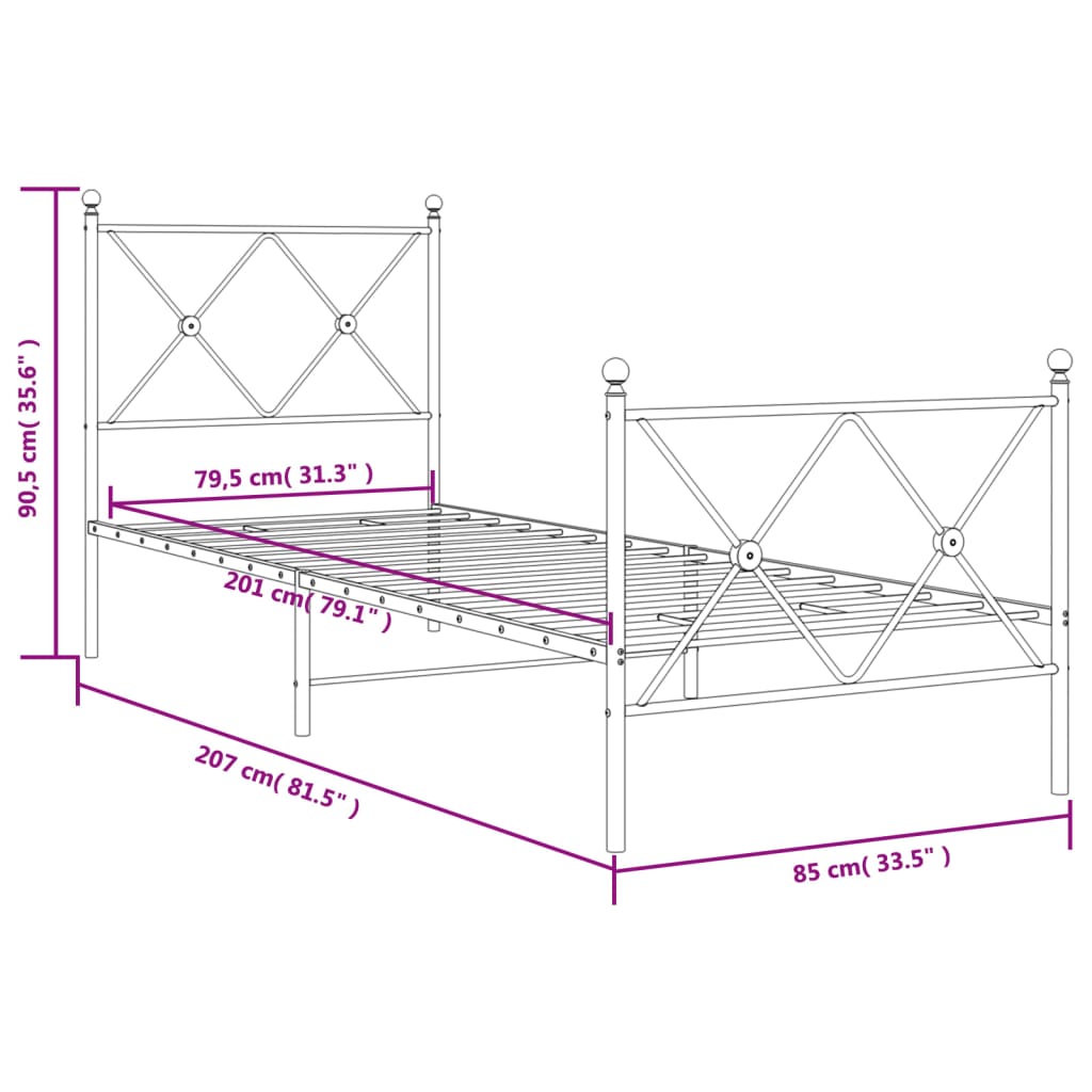 vidaXL Metalowa rama łóżka z wezgłowiem i zanóżkiem, biała, 80x200 cm