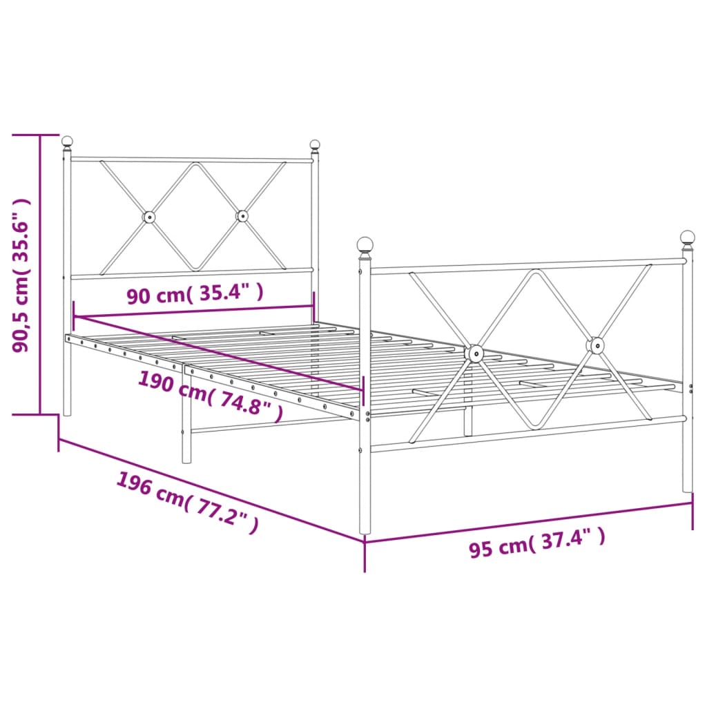 vidaXL Metalowa rama łóżka z wezgłowiem i zanóżkiem, biała, 90x190 cm