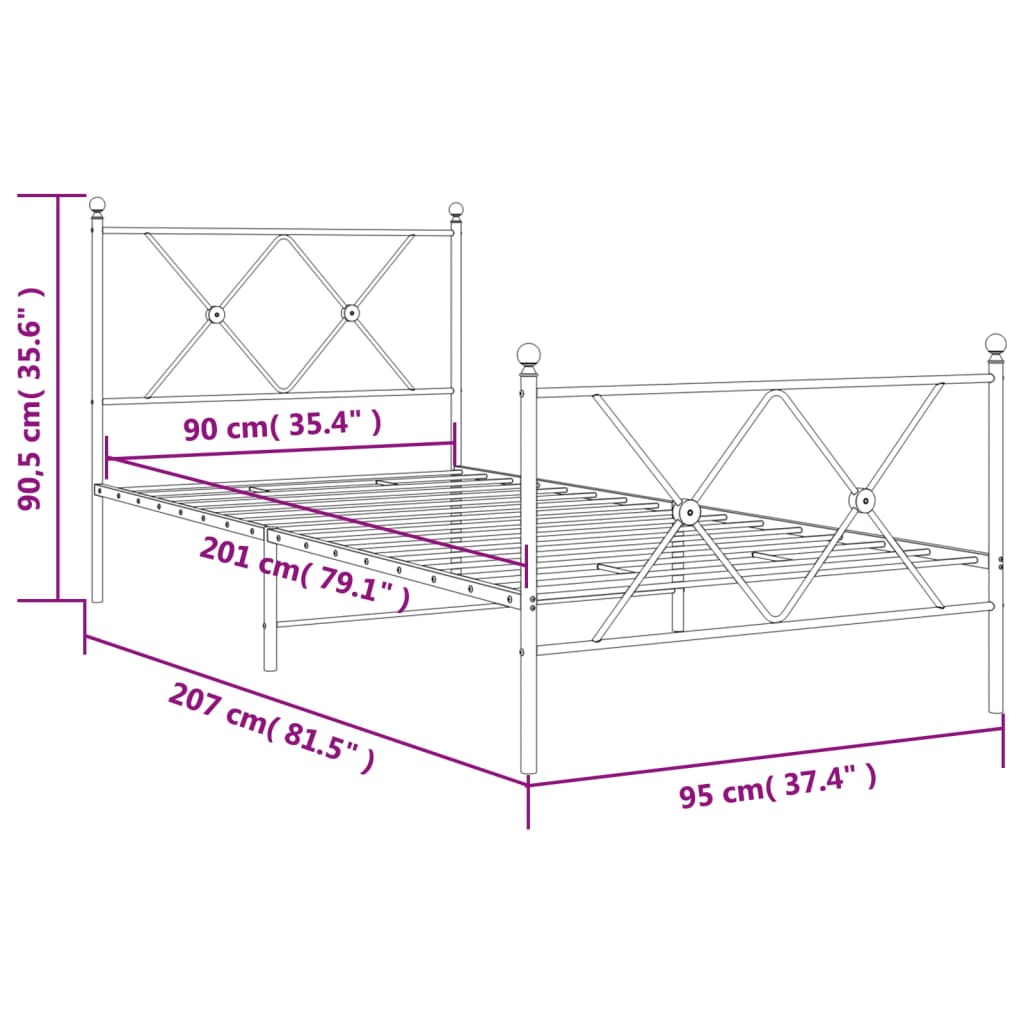 vidaXL Metalowa rama łóżka z wezgłowiem i zanóżkiem, biała, 90x200 cm