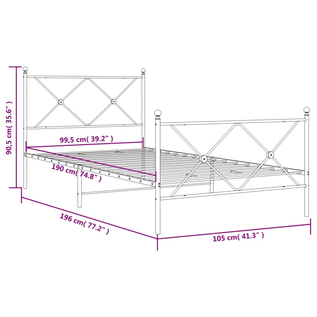 vidaXL Metalowa rama łóżka z wezgłowiem i zanóżkiem, biała, 100x190 cm