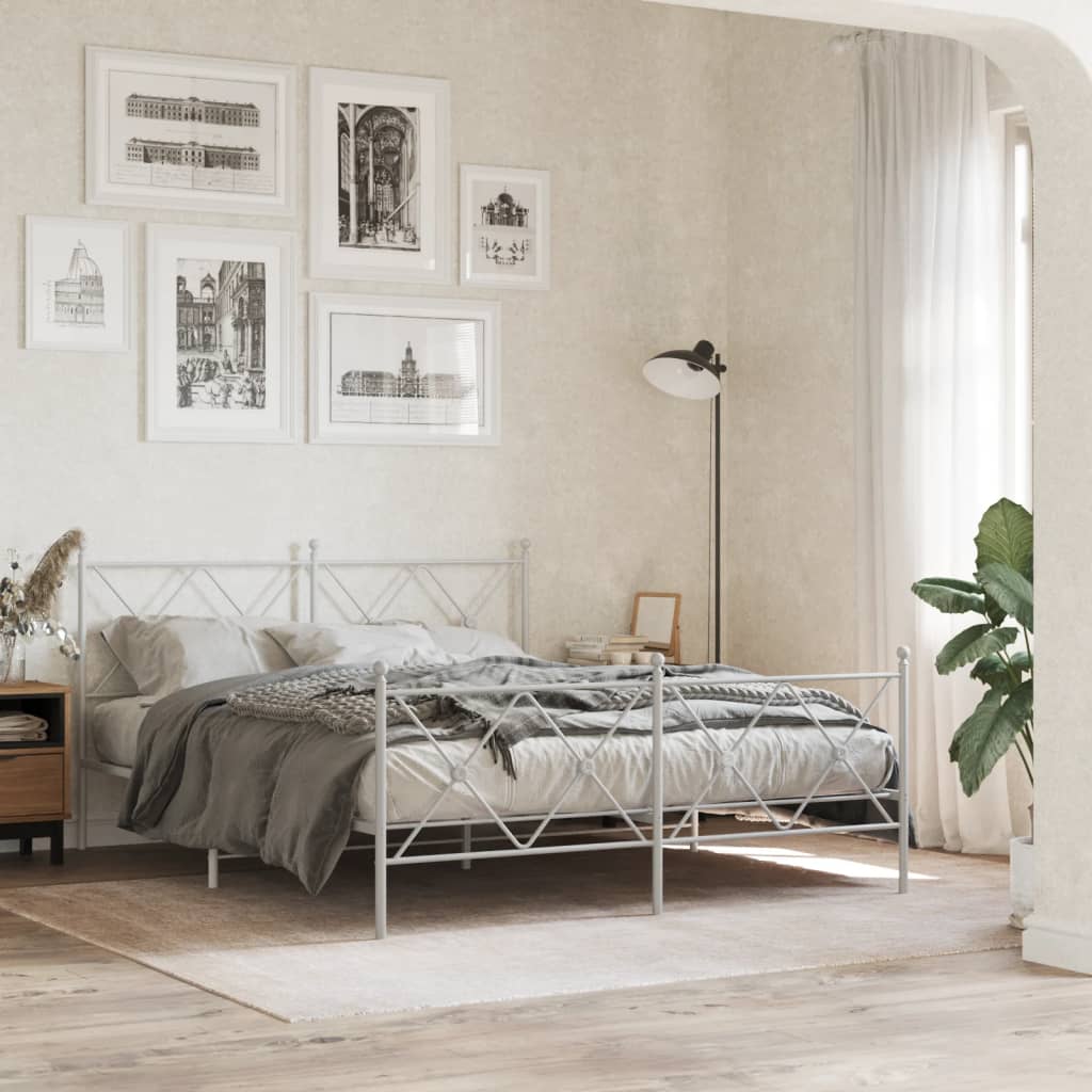 vidaXL Metalowa rama łóżka z wezgłowiem i zanóżkiem, biała, 150x200 cm