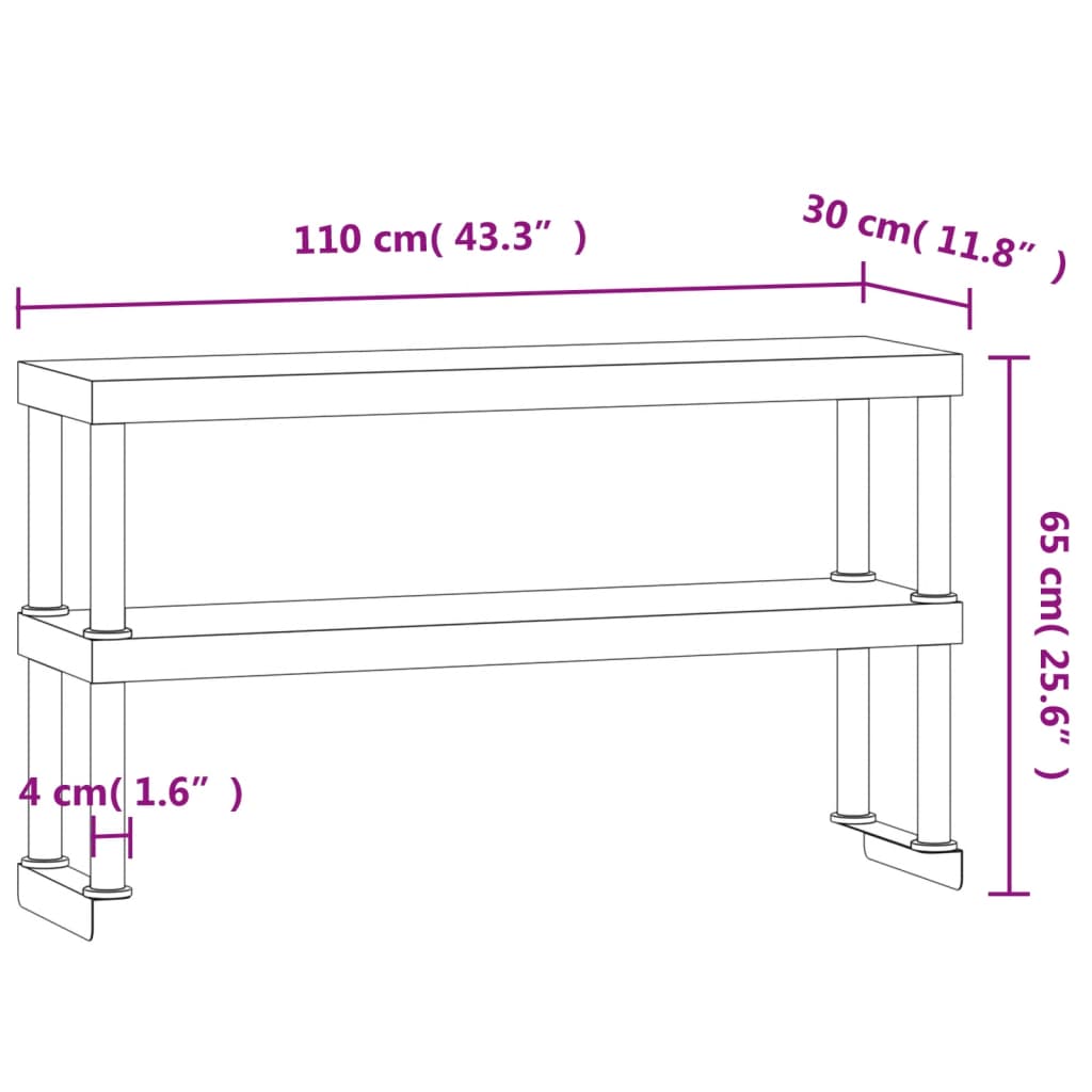 vidaXL Półka na stół roboczy, 2-poziomowa, 110x30x65 cm, stal