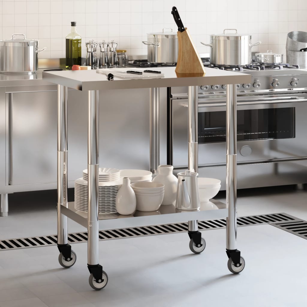 vidaXL Kuchenny stół roboczy na kółkach 82,5x55x85 cm, stal nierdzewna