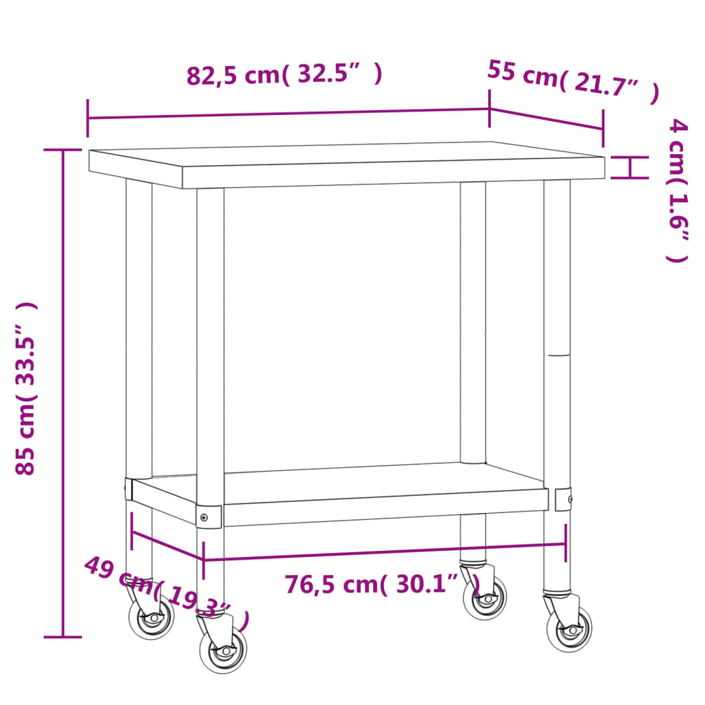 vidaXL Kuchenny stół roboczy na kółkach 82,5x55x85 cm, stal nierdzewna