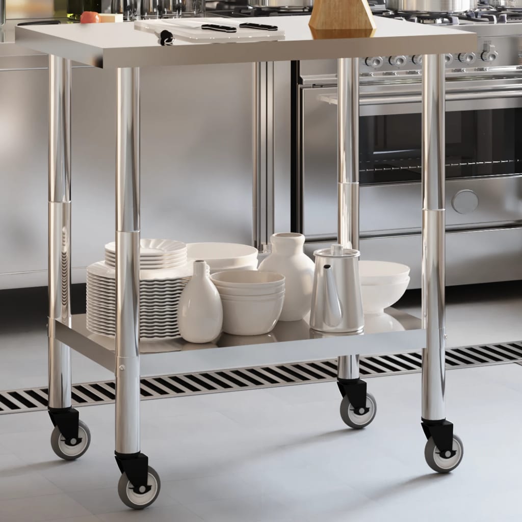 vidaXL Kuchenny stół roboczy na kółkach 82,5x55x85 cm, stal nierdzewna