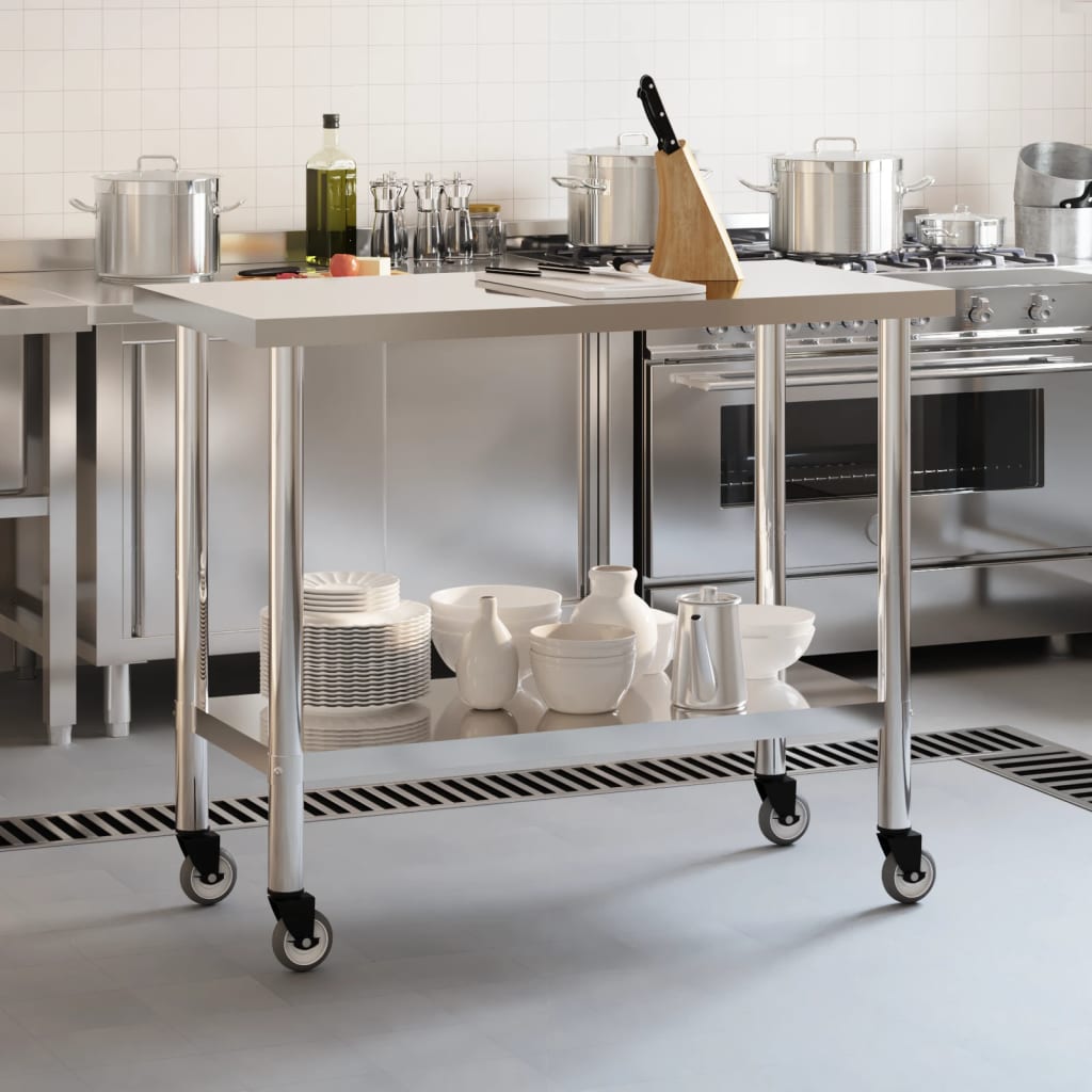 vidaXL Kuchenny stół roboczy na kółkach, 110x55x85 cm, stal nierdzewna