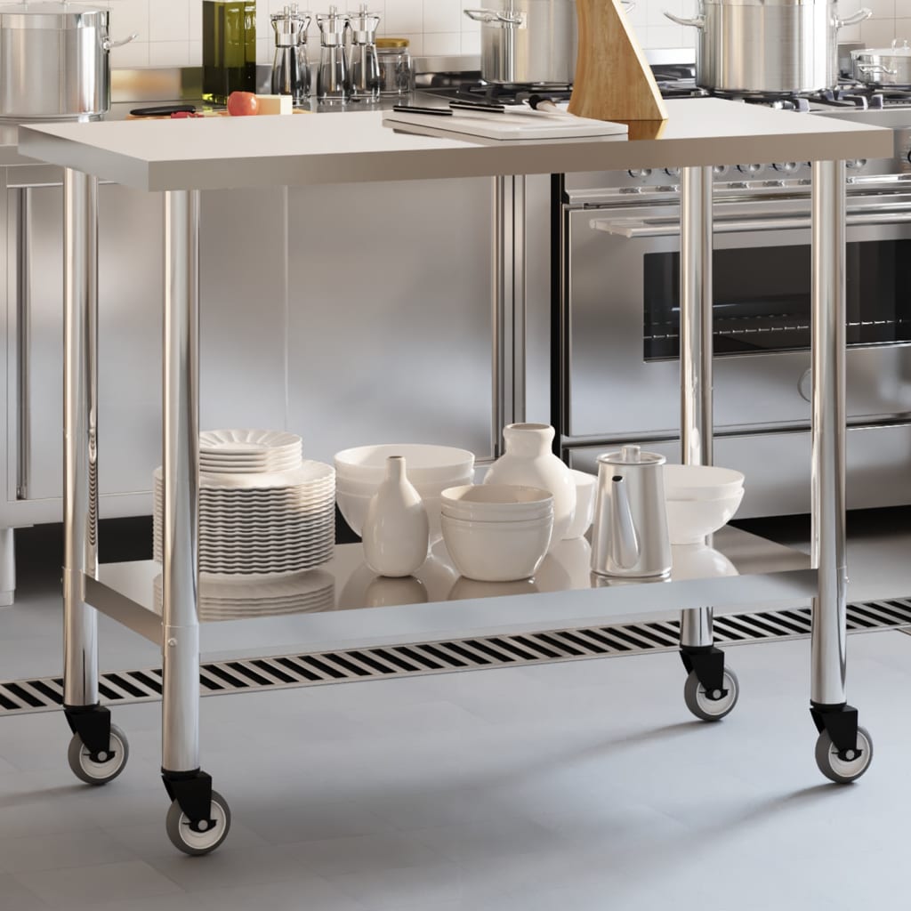 vidaXL Kuchenny stół roboczy na kółkach, 110x55x85 cm, stal nierdzewna