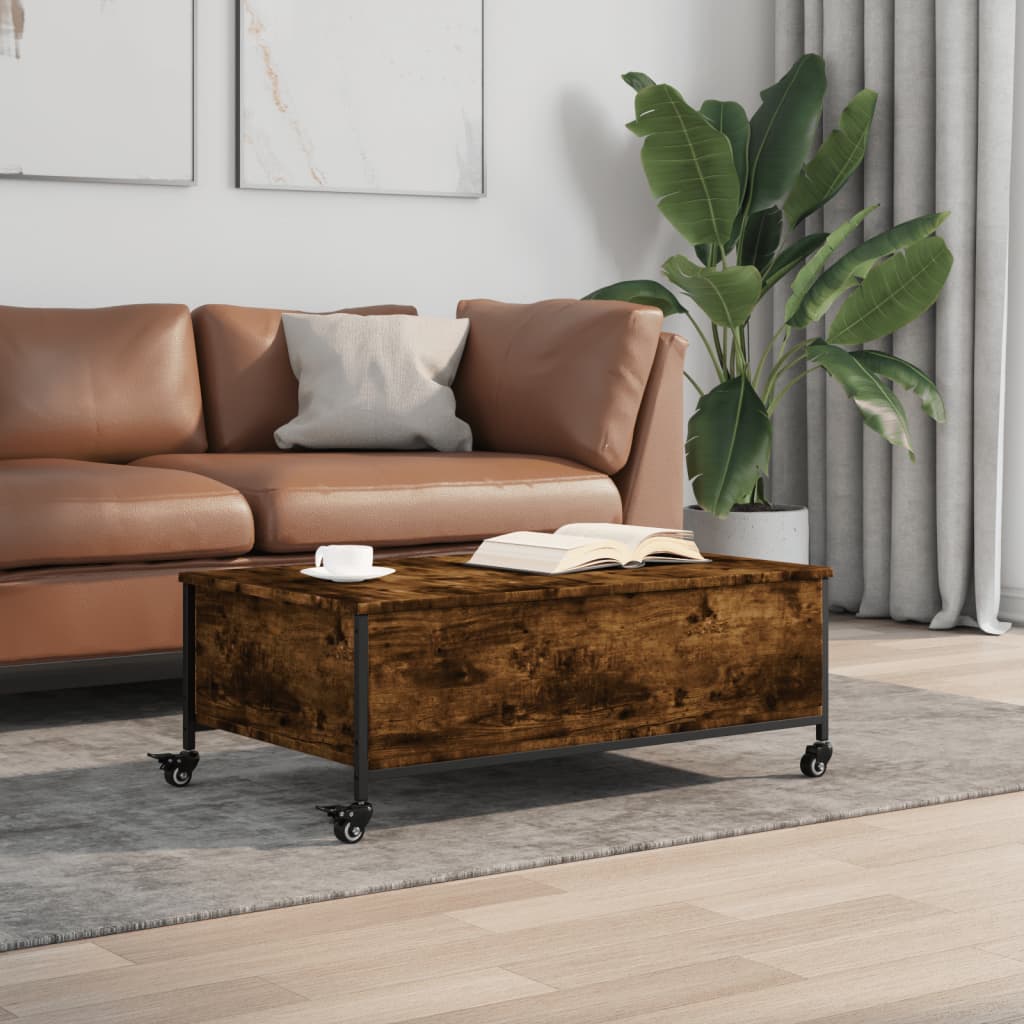 vidaXL Stolik kawowy na kółkach, przydymiony dąb, 91x55x34 cm