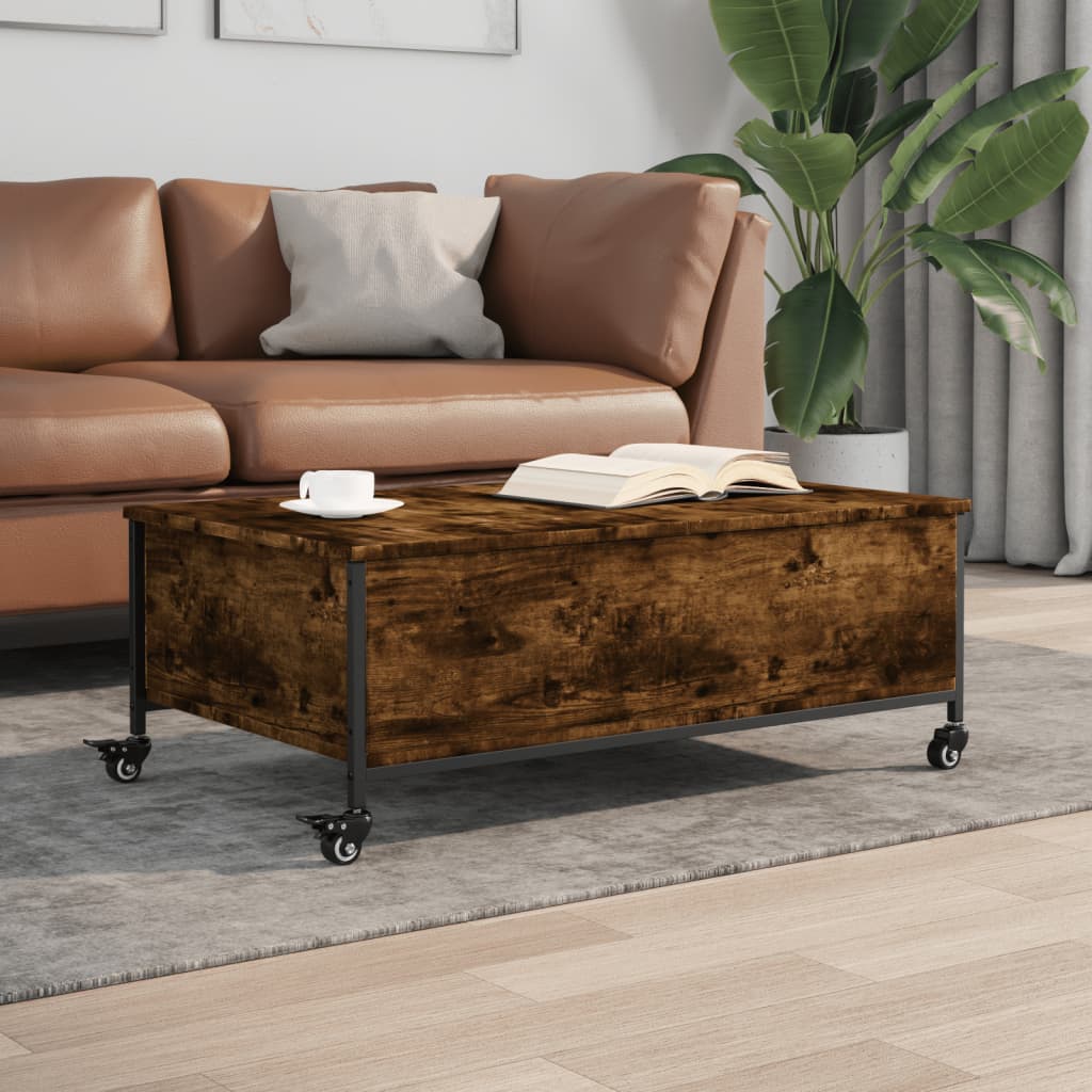 vidaXL Stolik kawowy na kółkach, przydymiony dąb, 91x55x34 cm