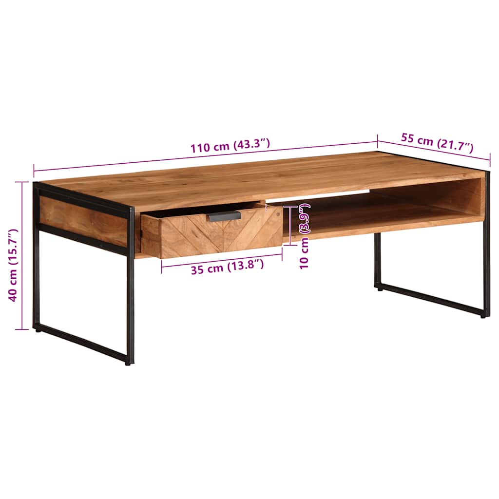 vidaXL Stolik kawowy, 110x55x40 cm, lite drewno akacjowe