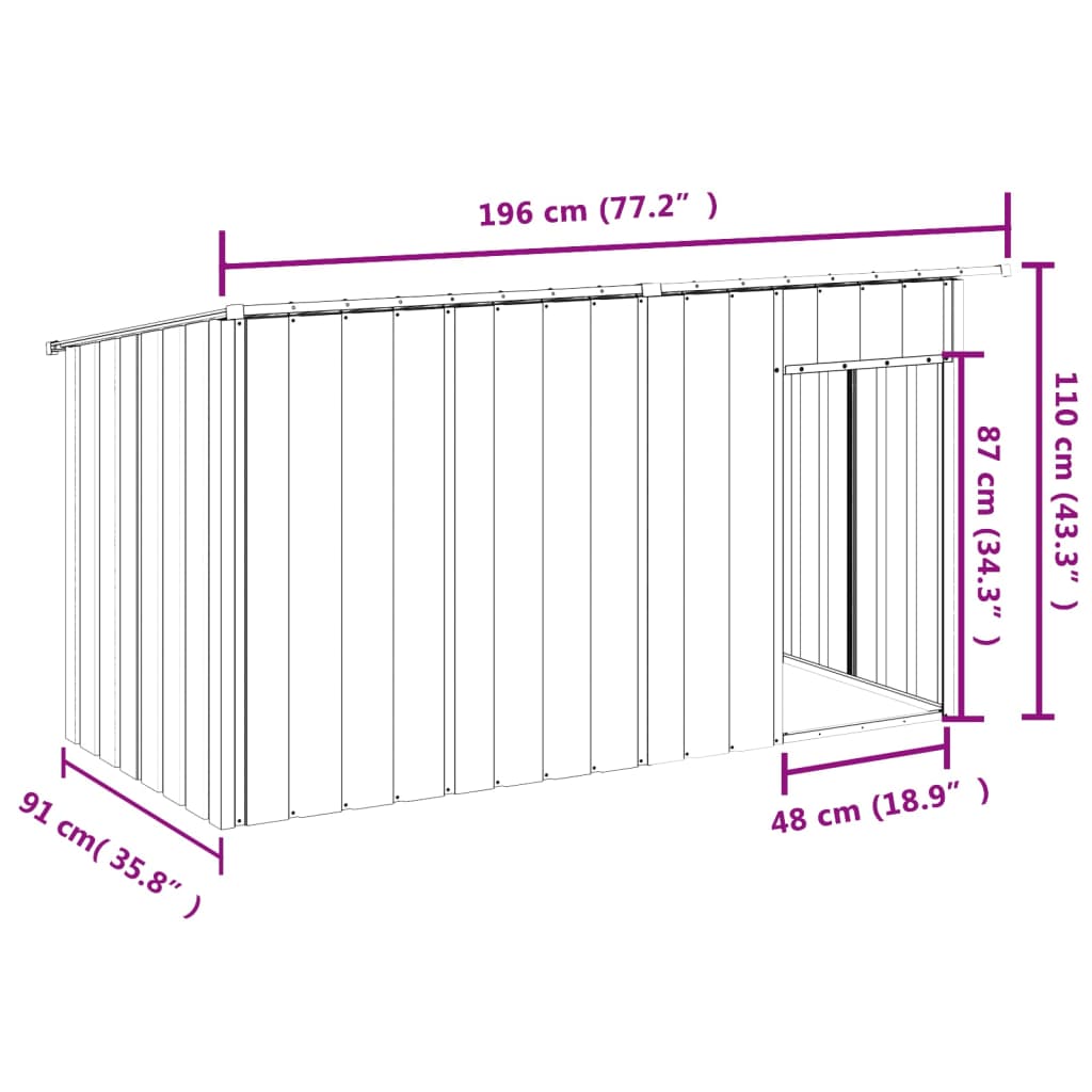 vidaXL Buda dla psa, z dachem, antracytowa, 196x91x110 cm, stal