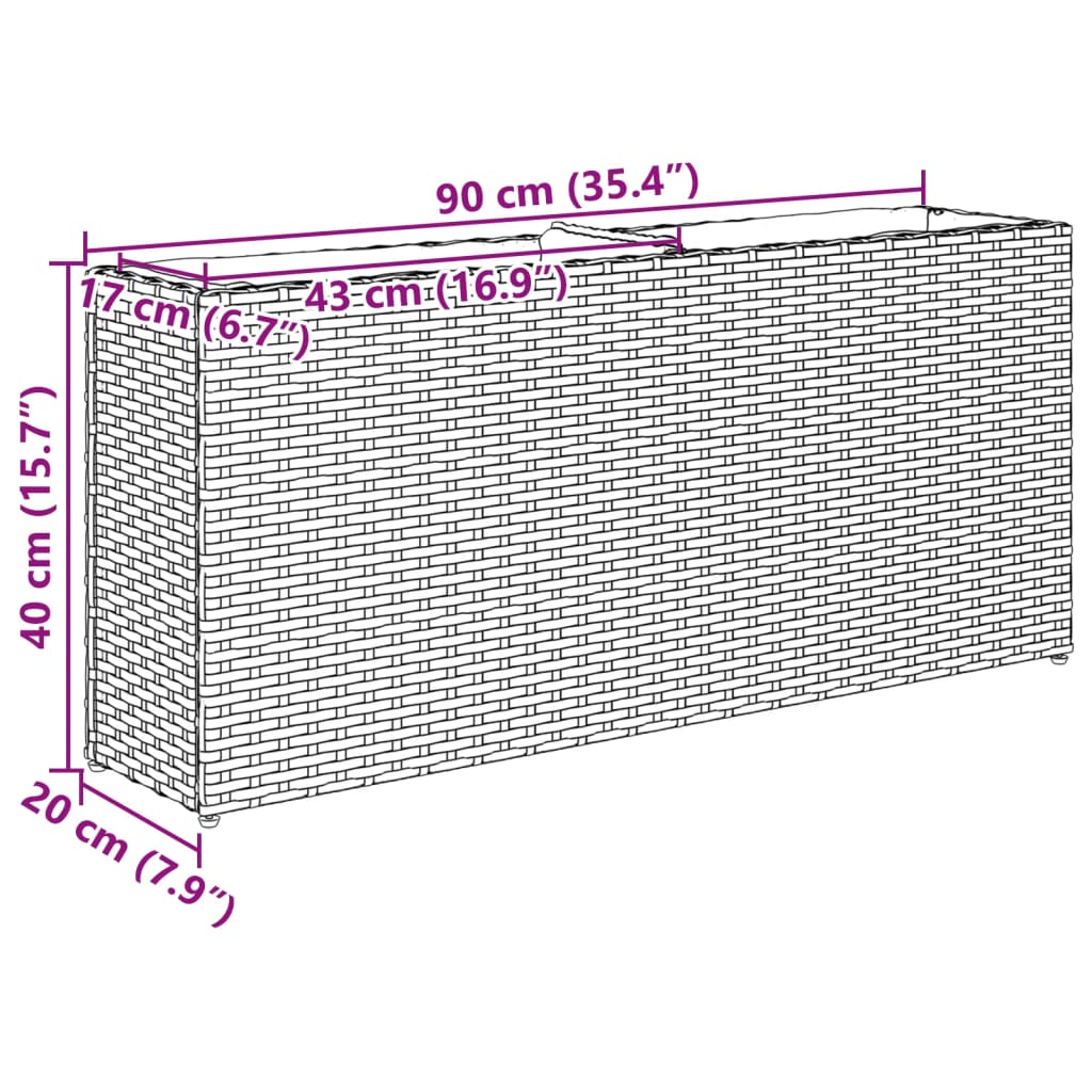 vidaXL Donica ogrodowa z 2 wkładami, szara, 90x20x40 cm, rattan PE