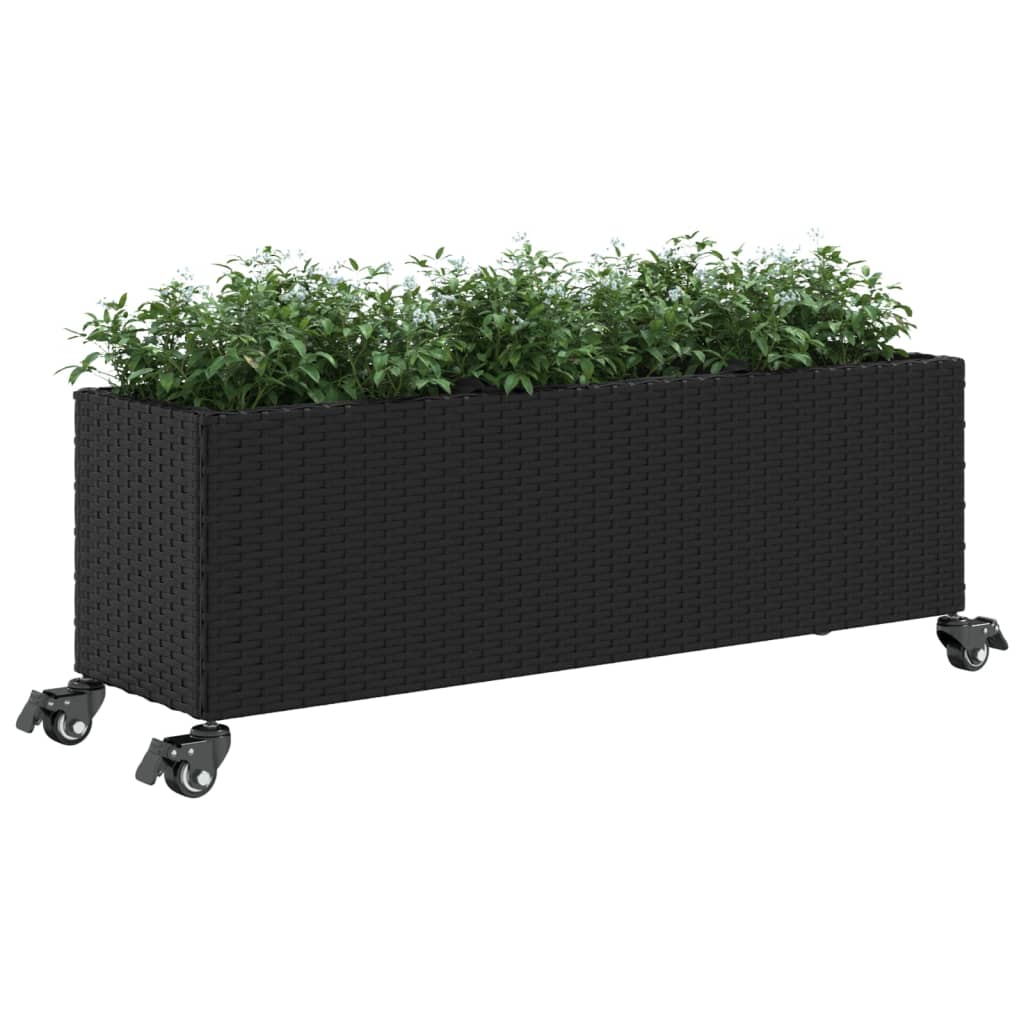 vidaXL Donica ogrodowa z kółkami i 3 wkładami, czarna, 107x32x38 cm
