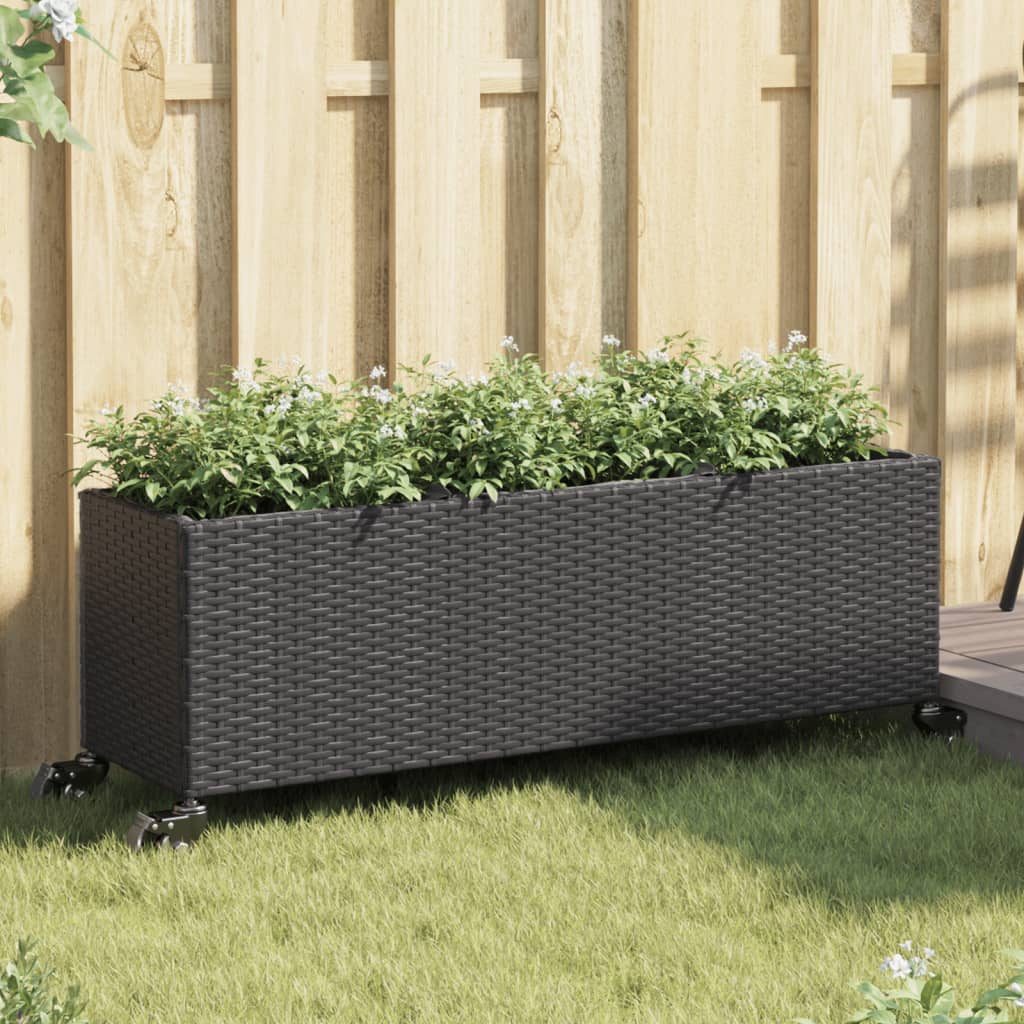 vidaXL Donica ogrodowa z kółkami i 3 wkładami, czarna, 107x32x38 cm