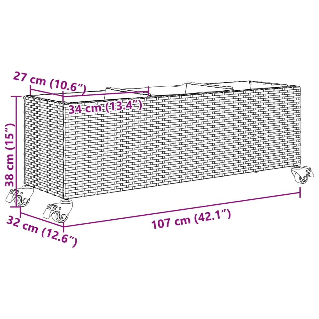 vidaXL Donica ogrodowa z kółkami i 3 wkładami, szara, 107x32x38 cm