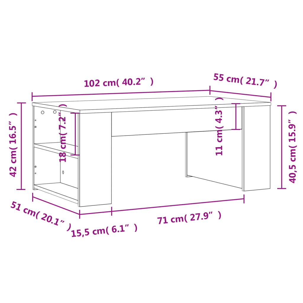 vidaXL Stolik kawowy, biały, 102x55x42 cm, materiał drewnopochodny