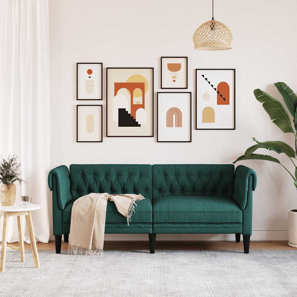 vidaXL Sofa Chesterfield, dwuosobowa, ciemnozielona, obita tkaniną