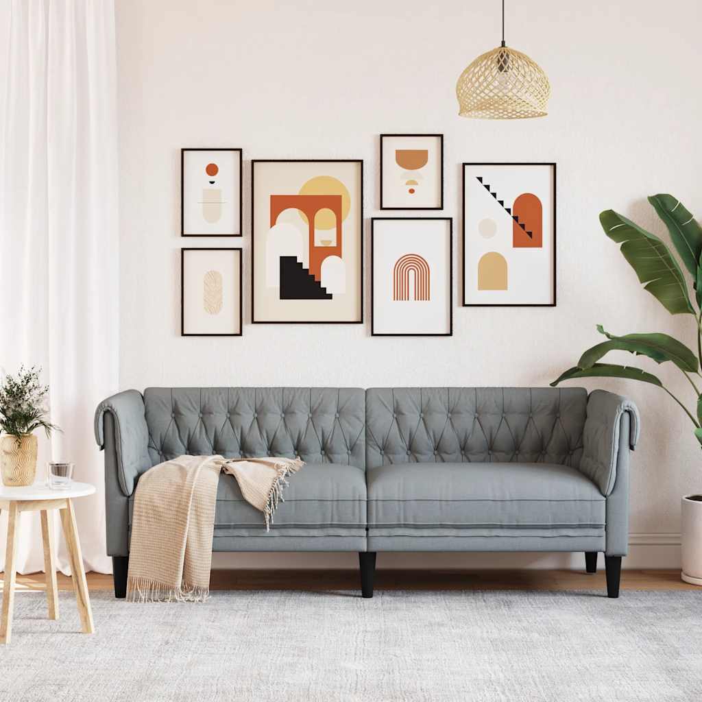 vidaXL Sofa Chesterfield, trzyosobowa, jasnoszara, obita tkaniną