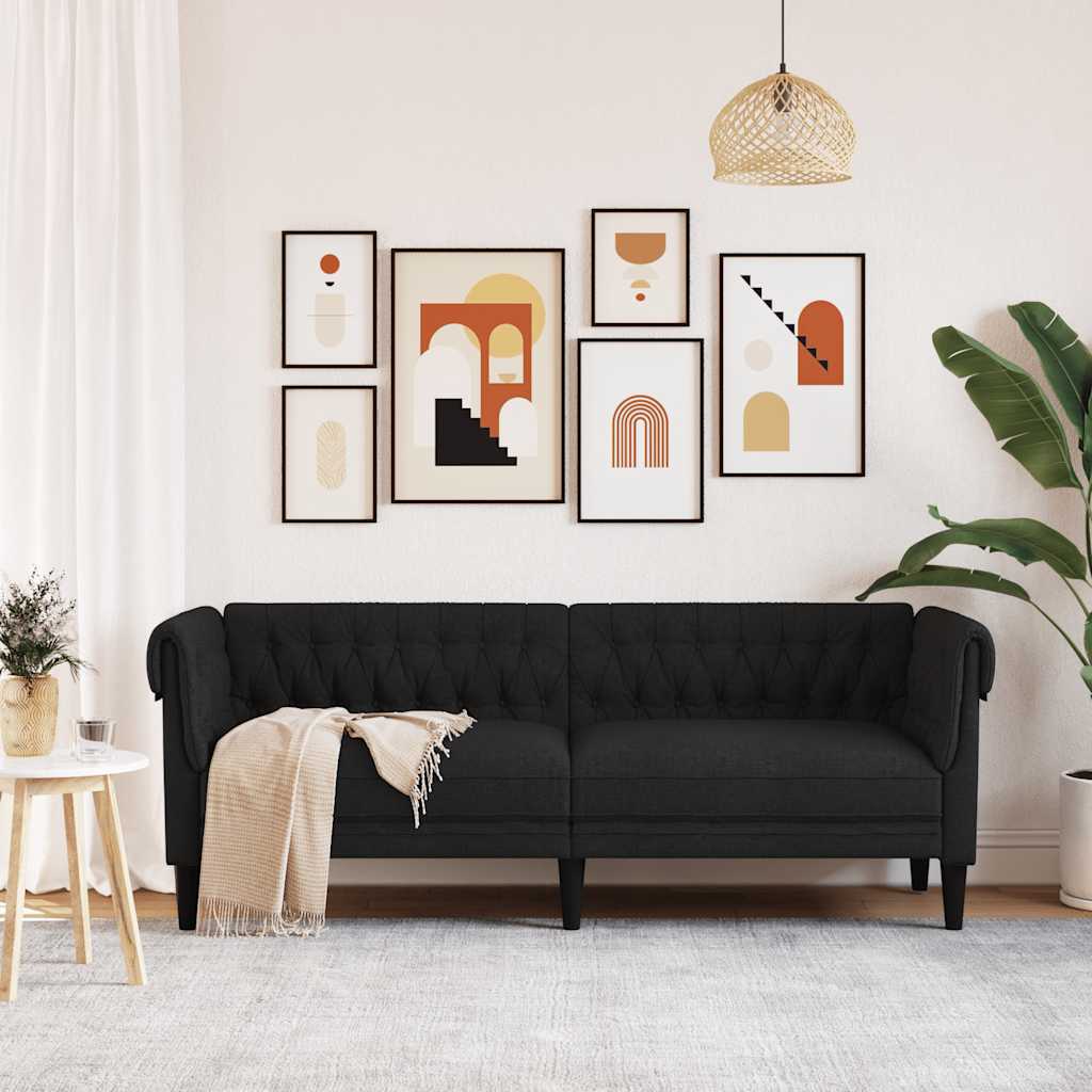 vidaXL Sofa Chesterfield, trzyosobowa, czarna, obita tkaniną
