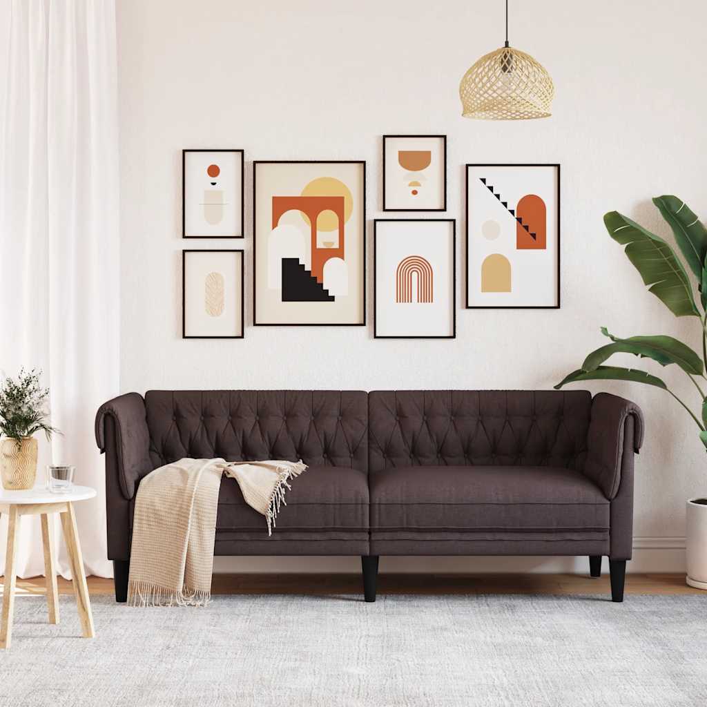 vidaXL Sofa Chesterfield, trzyosobowa, ciemnobrązowa, obita tkaniną