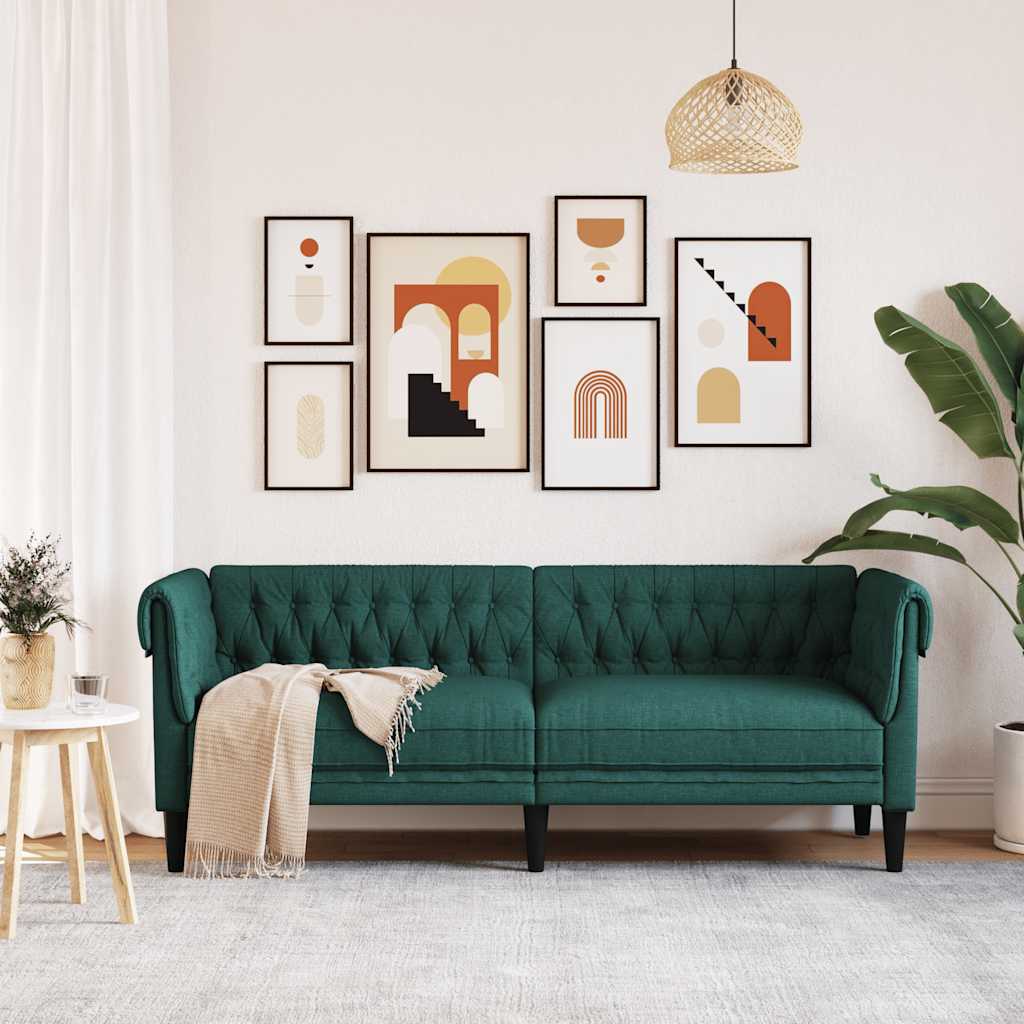 vidaXL Sofa Chesterfield, trzyosobowa, ciemnozielona, obita tkaniną