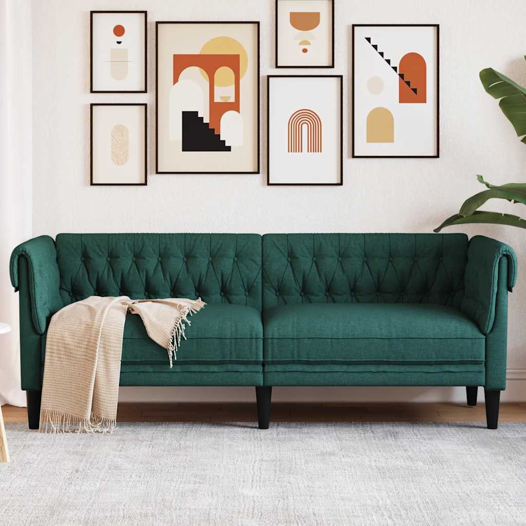 vidaXL Sofa Chesterfield, trzyosobowa, ciemnozielona, obita tkaniną