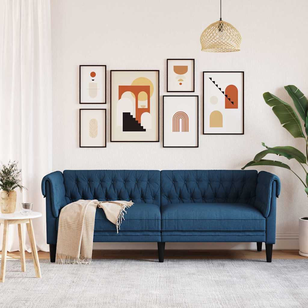 vidaXL Sofa Chesterfield, trzyosobowa, niebieska, obita tkaniną