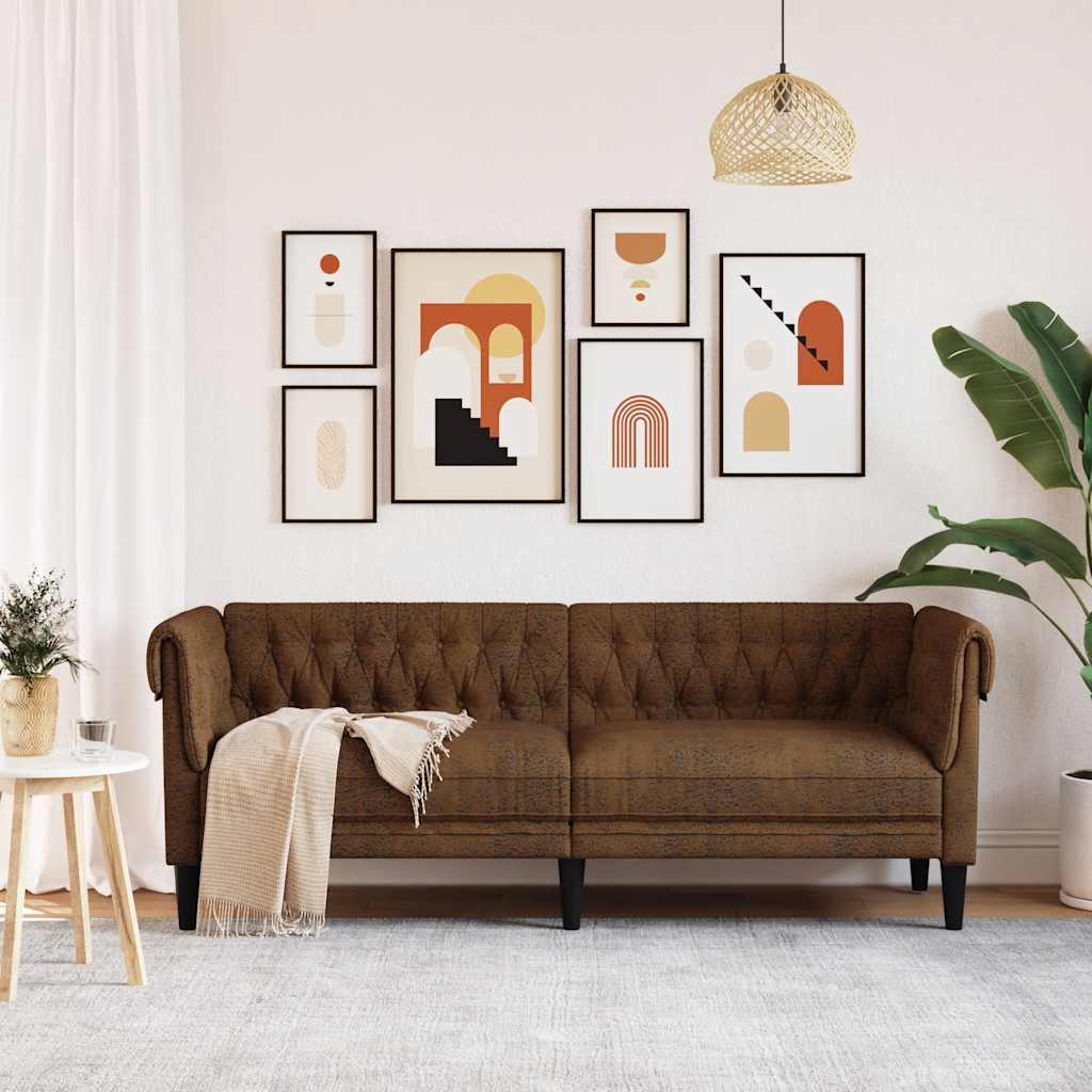 vidaXL Sofa Chesterfield, trzyosobowa, brązowa, obita tkaniną