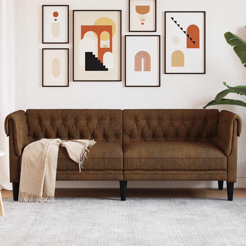 vidaXL Sofa Chesterfield, trzyosobowa, brązowa, obita tkaniną