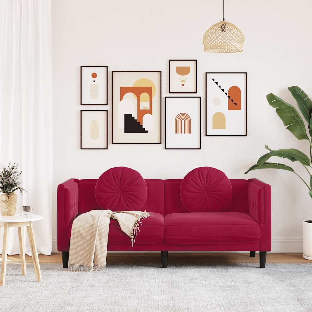 vidaXL Sofa z poduszkami, 2-osobowa, czerwone wino, aksamitna
