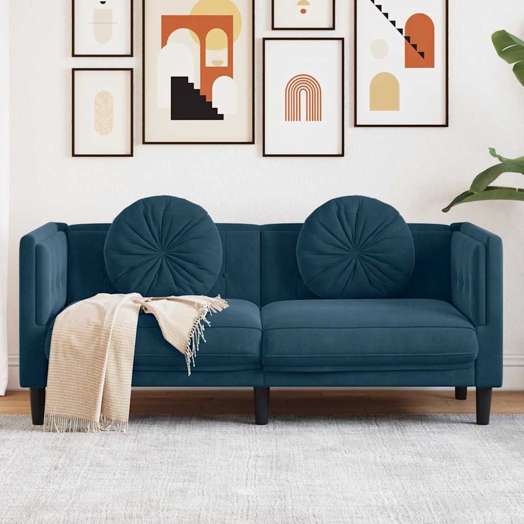 vidaXL Sofa 2-osobowa z poduszkami, niebieska, aksamit