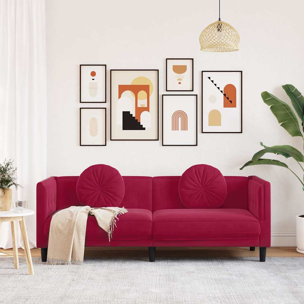 vidaXL Sofa 3-osobowa z poduszkami, winna czerwień, aksamit