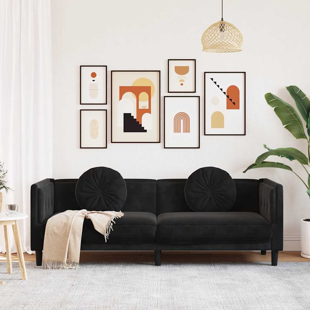 vidaXL Sofa 3-osobowa z poduszkami, czarna, aksamit