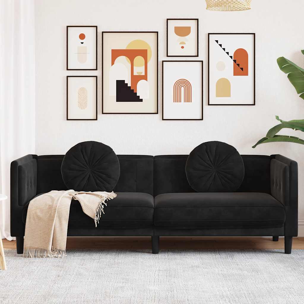 vidaXL Sofa 3-osobowa z poduszkami, czarna, aksamit