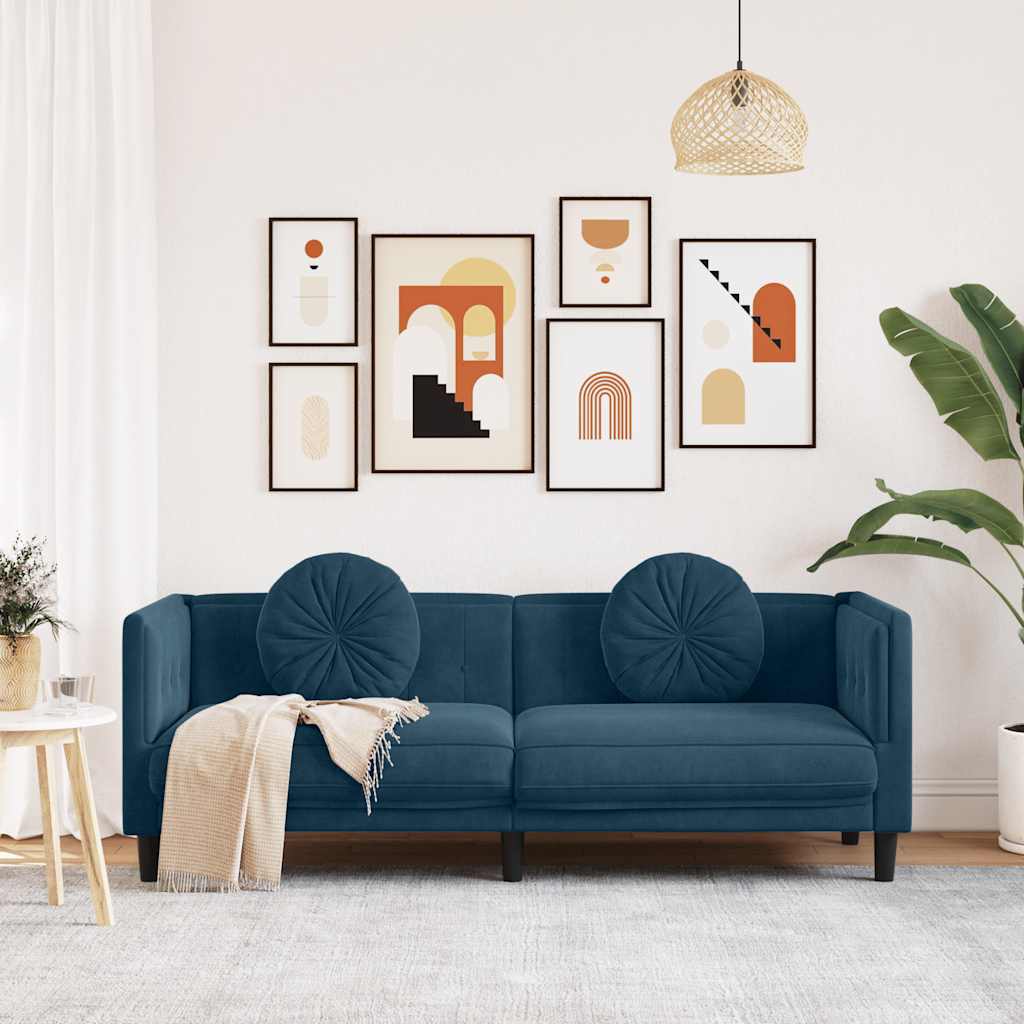vidaXL Sofa 3-osobowa z poduszkami, niebieska, aksamit