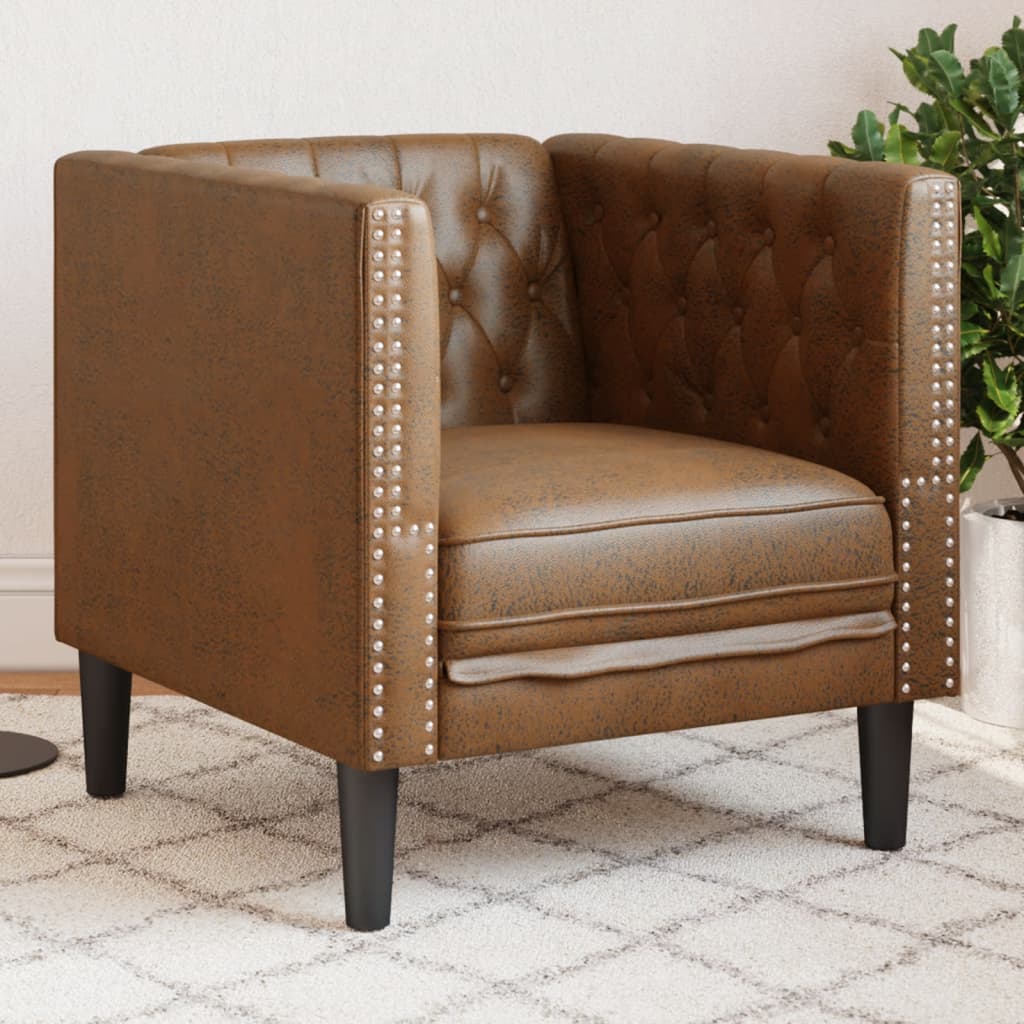 vidaXL Fotel Chesterfield, brązowy, sztuczna skóra zamszowa