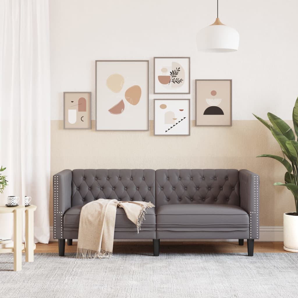 vidaXL Sofa Chesterfield, 2-os., szara, tapicerowana sztuczną skórą