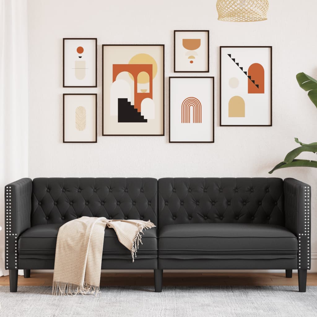 vidaXL Sofa Chesterfield, 3-os., czarna, tapicerowana sztuczną skórą