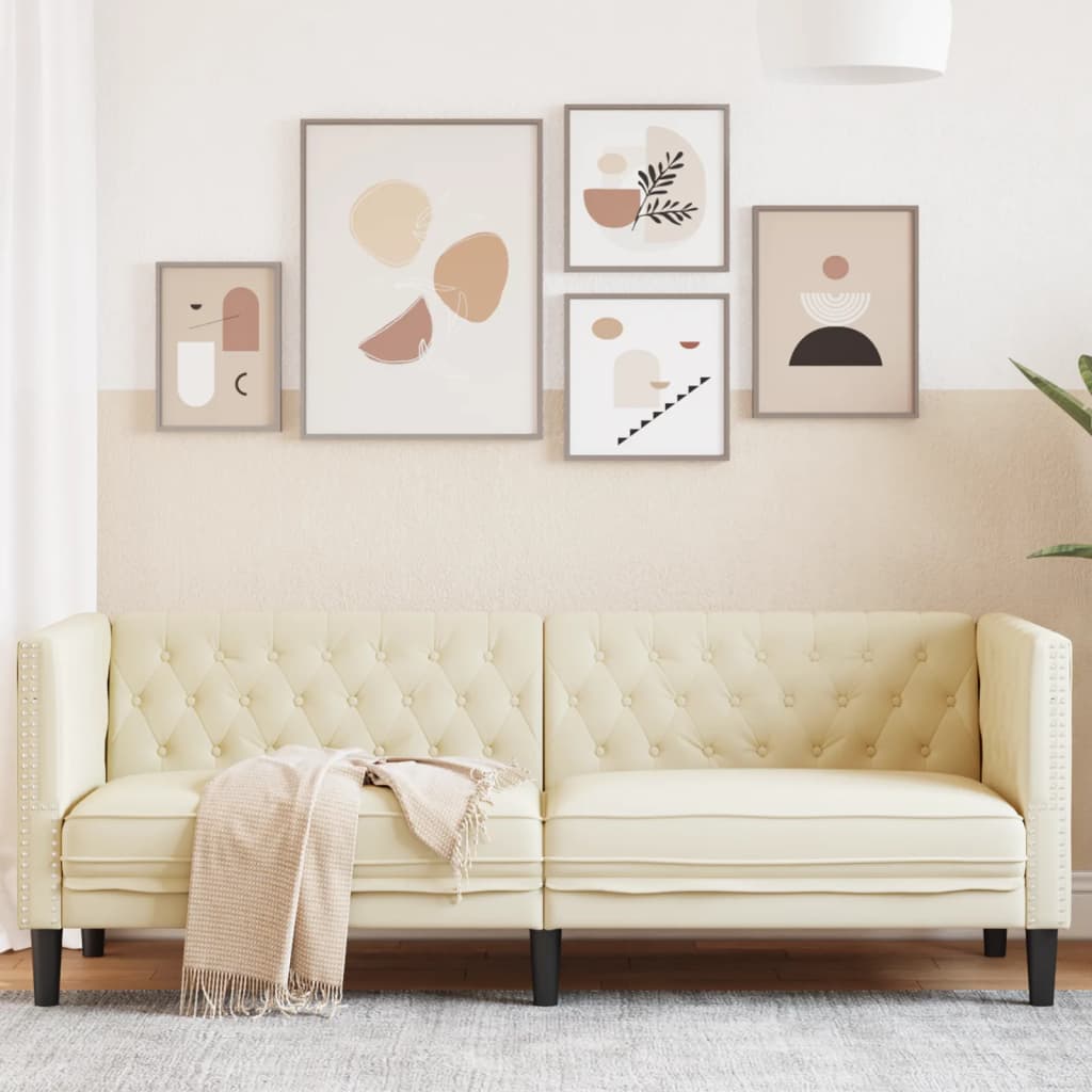vidaXL Sofa Chesterfield, trzyosobowa, kremowa, sztuczna skóra