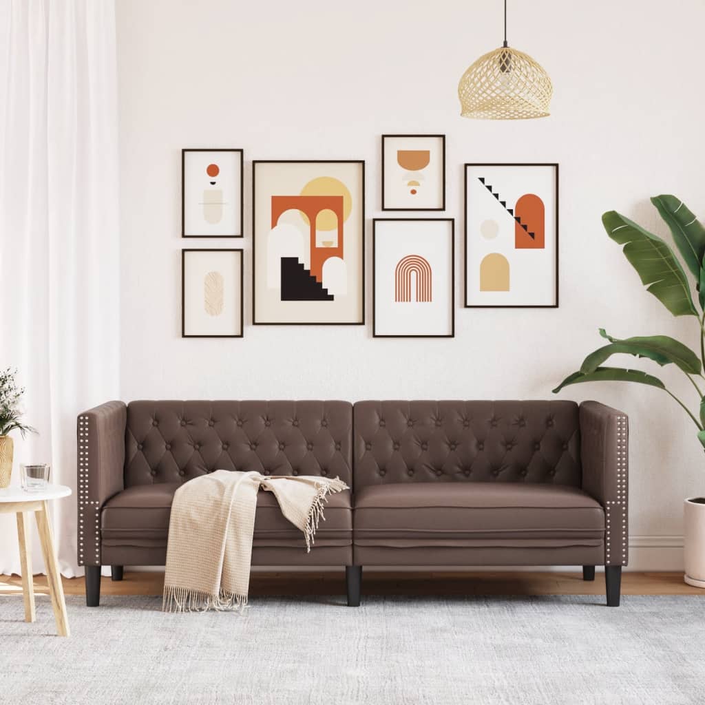 vidaXL Sofa Chesterfield, 3-os., brązowa, tapicerowana sztuczną skórą