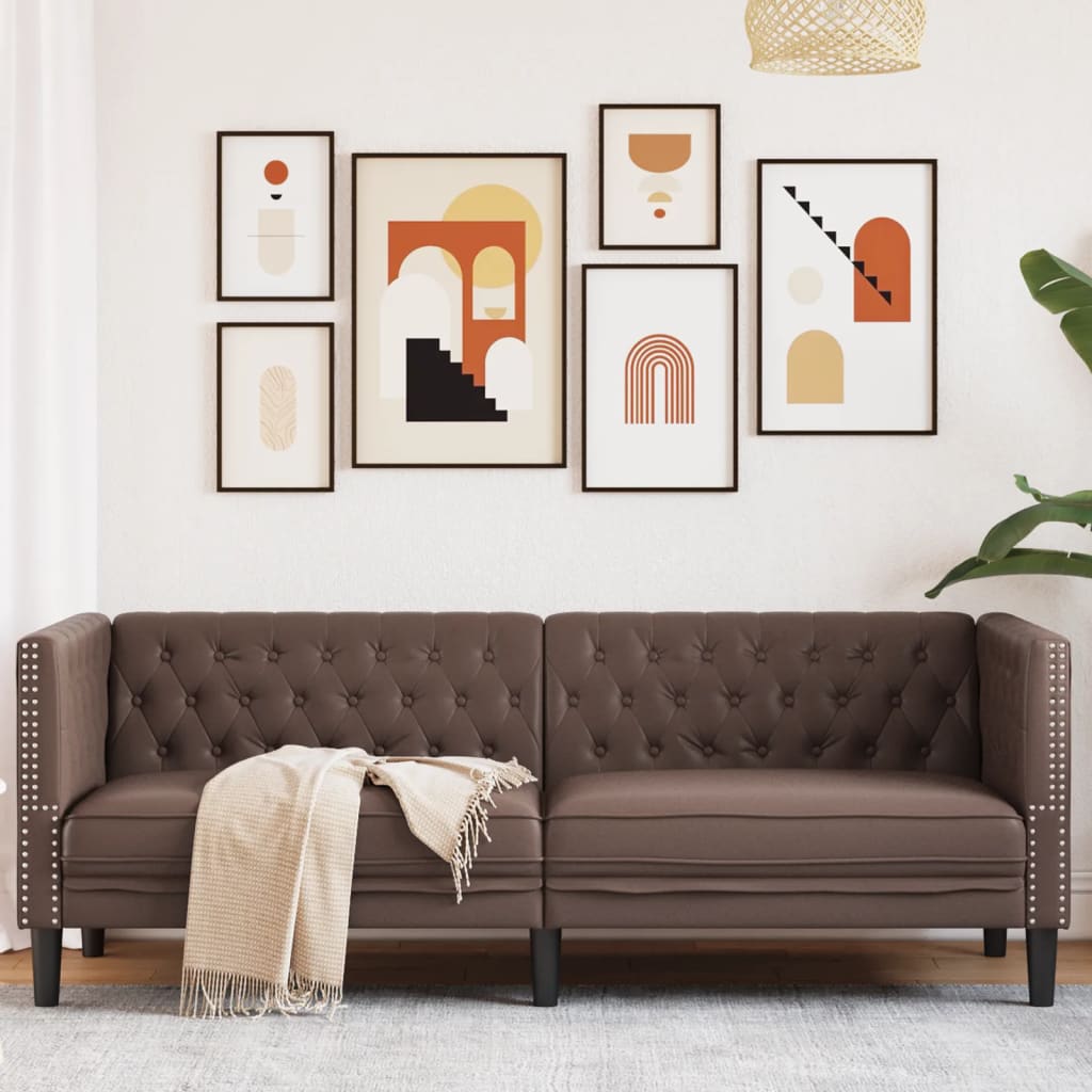 vidaXL Sofa Chesterfield, 3-os., brązowa, tapicerowana sztuczną skórą