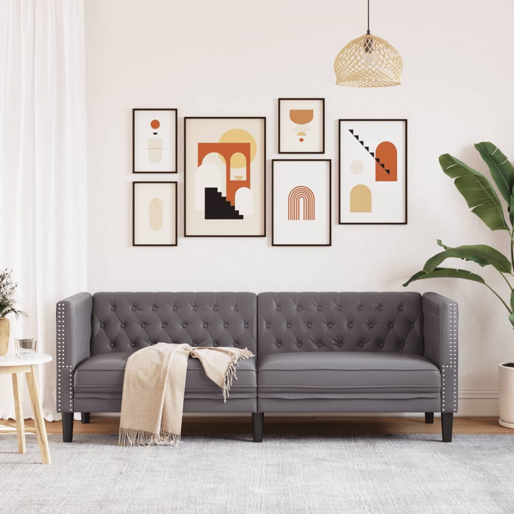 vidaXL Sofa Chesterfield, 3-os., szara, tapicerowana sztuczną skórą